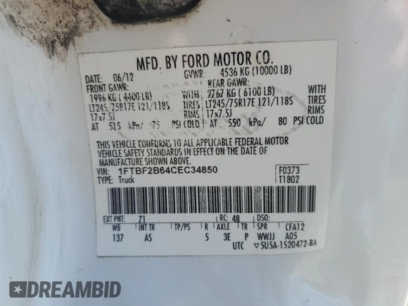 2012 Ford F-250 XL with VIN 1FTBF2B64CEC34850, listed as a Copart auction lot 55679755 with 216,858 mi miles and Clean title. Bid and sale history available at DreamBid. Image 12.