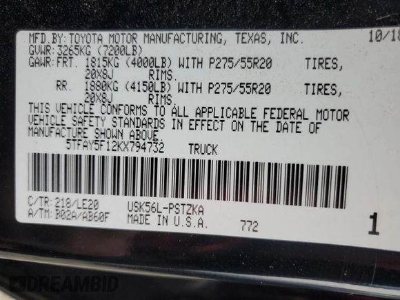 2019 Toyota Tundra SR5 z VIN 5TFAY5F12KX794732, wystawiony jako Copart lot #59043665 z przebiegiem 159 873 mil mil oraz Czysty tytuł • Clean title. Historia ofert i sprzedaży dostępna na DreamBid. Obrazek 12.