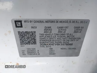 2019 Chevrolet Equinox LS with VIN 3GNAXHEV6KS676068, listed as a IAAI auction lot 42006434 with 55,902 mi miles and . Bid and sale history available at carsss.com. Image 9.