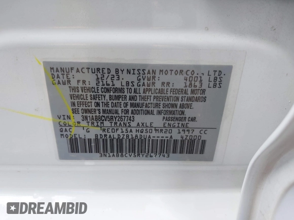 2024 Nissan Sentra SV with VIN 3N1AB8CV5RY267743, listed as a IAAI auction lot 40641292 with 19,272 mi miles and . Bid and sale history available at DreamBid. Image 9.