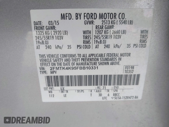 2015 Ford Edge Titanium with VIN 2FMTK4K95FBB10331, listed as a IAAI auction lot 41990356 with 121,337 mi miles. Bid and sale history available at carsss.com. Image 9.