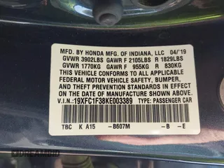 2019 Honda Civic Sedan EX with VIN 19XFC1F38KE003389, listed as a IAAI auction lot 41633696 with 77,825 mi miles. Bid and sale history available at carsss.com. Image 9.