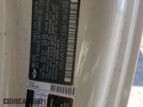 2011 MINI Hardtop z VIN WMWSU3C53BT181633, wystawiony jako Copart lot #57478365 z przebiegiem Nie podano mil oraz Tytuł czysty. Historia ofert i sprzedaży dostępna na DreamBid. Obrazek 12.