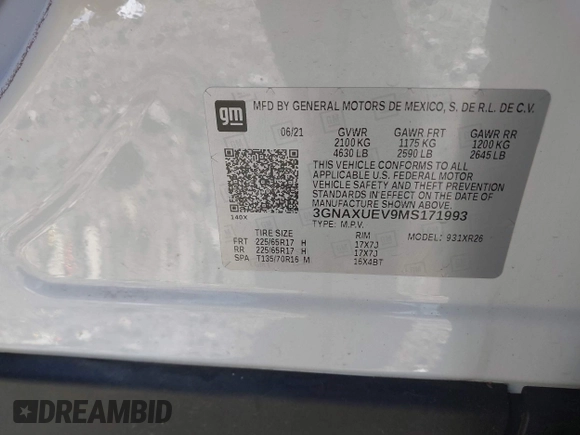 2021 Chevrolet Equinox LT with VIN 3GNAXUEV9MS171993, listed as a IAAI auction lot 41933020 with 38,015 mi miles and . Bid and sale history available at DreamBid. Image 9.