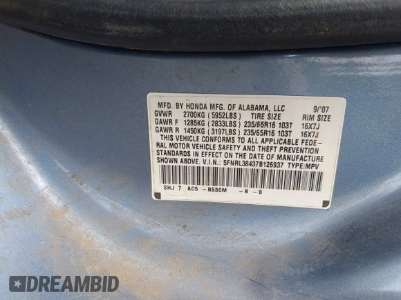 2007 Honda Odyssey EX with VIN 5FNRL38437B126937, listed as a IAAI auction lot 42098793 with 212,343 mi miles and . Bid and sale history available at DreamBid. Image 9.