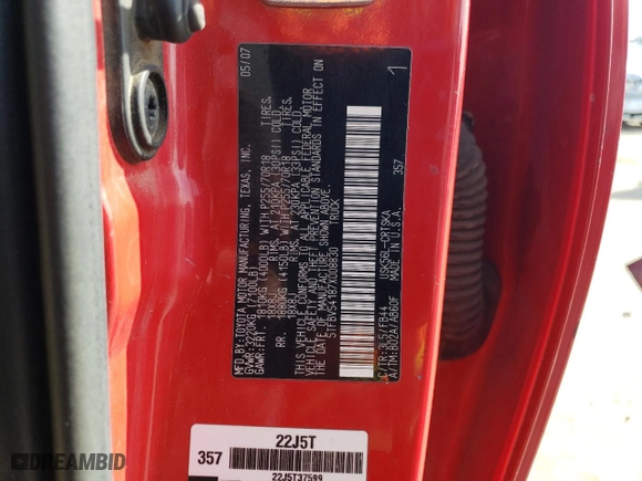 2007 Toyota Tundra SR5 with VIN 5TFBV54187X008830, listed as a Copart auction lot 46350725 with 158,452 mi miles and Salvage Title. Bid and sale history available at carsss.com. Image 12.