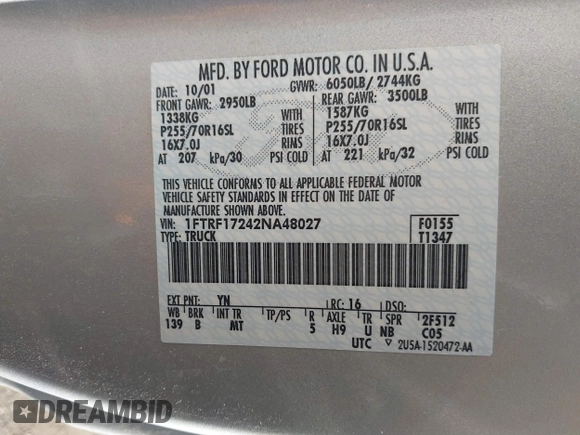 2002 Ford F-150 XL with VIN 1FTRF17242NA48027, listed as a IAAI auction lot 41838636 with 69,821 mi miles. Bid and sale history available at carsss.com. Image 9.
