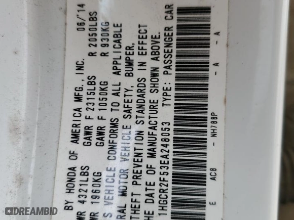 2014 Honda Accord Sedan Sport with VIN 1HGCR2F53EA248053, listed as a Copart auction lot 50893195 with 184,824 mi miles and Salvage Title. Bid and sale history available at carsss.com. Image 15.