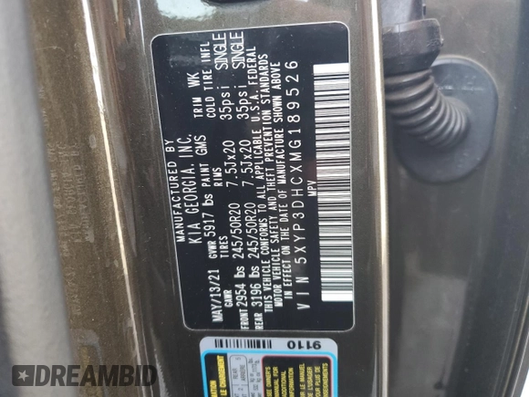 2021 Kia Telluride EX z VIN 5XYP3DHCXMG189526, wystawiony jako Copart lot #49716535 z przebiegiem 75 419 mil mil oraz Szkoda całkowita • Salvage title. Historia ofert i sprzedaży dostępna na DreamBid. Obrazek 13.