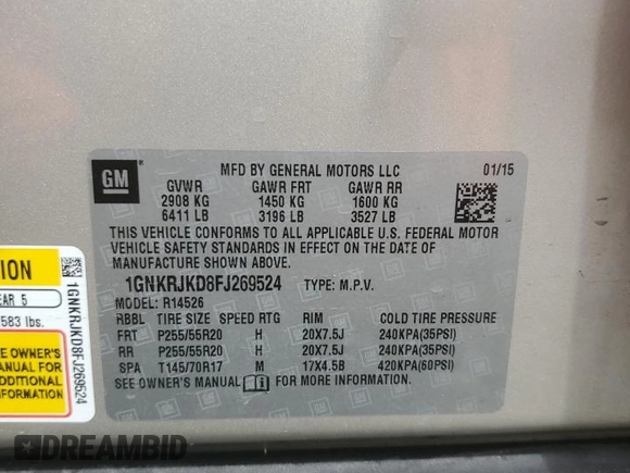 2015 Chevrolet Traverse LTZ z VIN 1GNKRJKD8FJ269524, wystawiony jako Copart lot #56700805 z przebiegiem 110 605 mil mil oraz Szkoda całkowita • Salvage title. Historia ofert i sprzedaży dostępna na DreamBid. Obrazek 14.