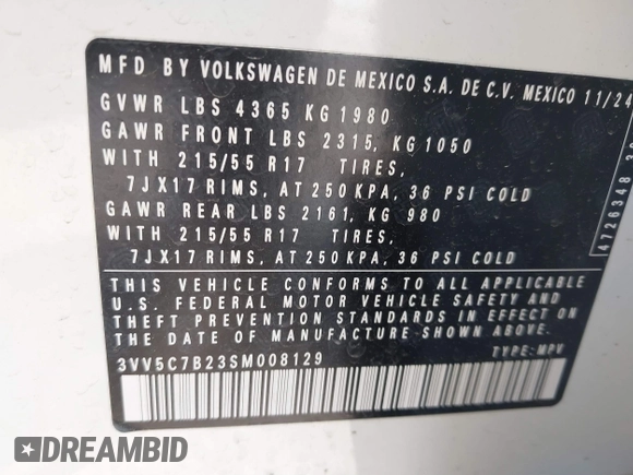 2025 Volkswagen Taos z VIN 3VV5C7B23SM008129, wystawiony jako IAAI lot #41879531 z przebiegiem 3423 mil mil oraz . Historia ofert i sprzedaży dostępna na DreamBid. Obrazek 9.