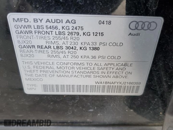 2018 Audi Q5 Premium Plus with VIN WA1BNAFYXJ2166359, listed as a Copart auction lot 82989284 with 94,283 mi miles and Salvage Title. Bid and sale history available at carsss.com. Image 13.