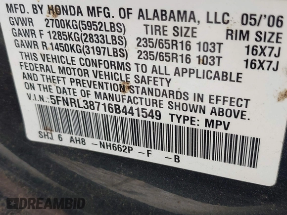 2006 Honda Odyssey EX-L with VIN 5FNRL38716B441549, listed as a IAAI auction lot 42048758 with 232,194 mi miles. Bid and sale history available at carsss.com. Image 9.