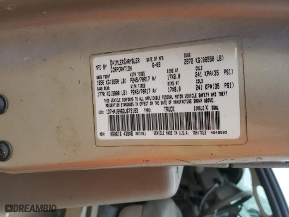2003 Dodge Ram 1500 ST with VIN 1D7HA16N63J673193, listed as a Copart auction lot 47015714 with 120,897 mi miles and Non Repairable. Bid and sale history available at carsss.com. Image 12.