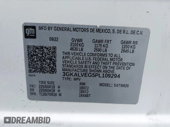2023 GMC Terrain SLT with VIN 3GKALVEG5PL109294, listed as a IAAI auction lot 42573503 with 56,631 mi miles and . Bid and sale history available at DreamBid. Image 9.