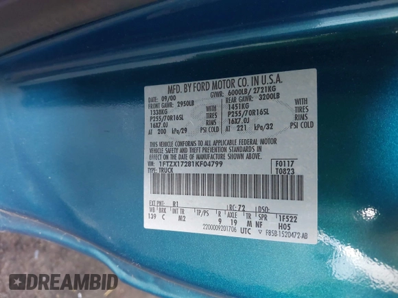 2001 Ford F-150 XL with VIN 1FTZX17281KF04799, listed as a IAAI auction lot 42550320 with Not provided miles and . Bid and sale history available at DreamBid. Image 9.