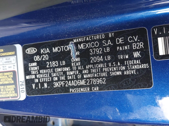 2021 Kia Forte LXS with VIN 3KPF24AD6ME278962, listed as a IAAI auction lot 42412267 with 38,158 mi miles and . Bid and sale history available at DreamBid. Image 9.