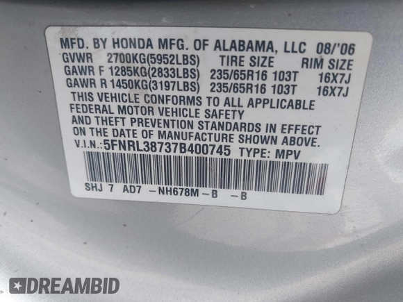 2007 Honda Odyssey EX-L with VIN 5FNRL38737B400745, listed as a IAAI auction lot 42211377 with 96,543 mi miles and . Bid and sale history available at DreamBid. Image 9.