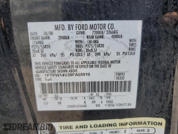 2009 Ford F-150 XL with VIN 1FTPW14V39FA05910, listed as a Copart auction lot 61620655 with 152,400 mi miles and Clean title. Bid and sale history available at DreamBid. Image 13.