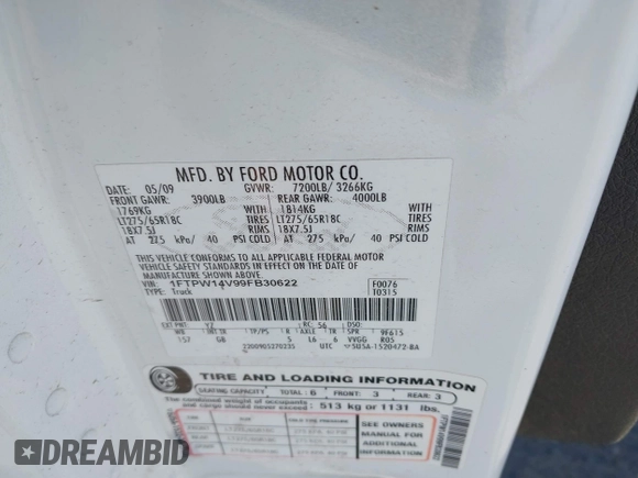 2009 Ford F-150 XL с VIN 1FTPW14V99FB30622, выставлен на аукционе IAAI как лот 42650182 с пробегом 73 710 миль миль и . История ставок и продаж доступна на DreamBid. Изображение 9.