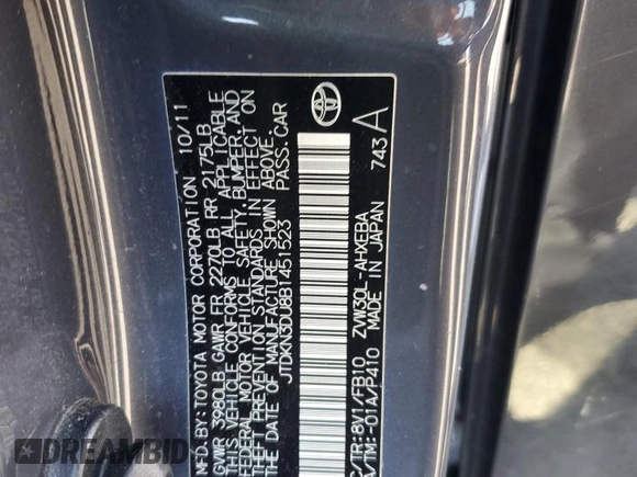 2011 Toyota Prius I with VIN JTDKN3DU8B1451523, listed as a Copart auction lot 50741945 with 160,698 mi miles and Salvage Title. Bid and sale history available at carsss.com. Image 12.
