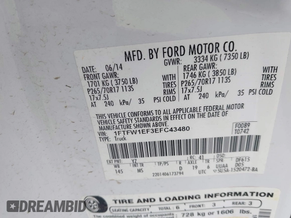2014 Ford F-150 XL with VIN 1FTFW1EF3EFC43480, listed as a IAAI auction lot 42582431 with 134,382 mi miles and . Bid and sale history available at DreamBid. Image 9.