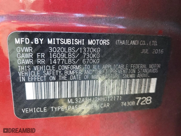 2017 Mitsubishi Mirage ES with VIN ML32A3HJ2HH012171, listed as a Copart auction lot 85730744 with 101,669 mi miles and Salvage Title. Bid and sale history available at carsss.com. Image 14.