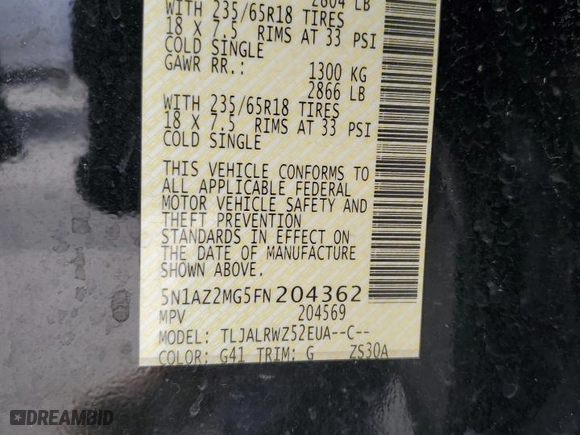 2015 Nissan Murano SL with VIN 5N1AZ2MG5FN204362, listed as a Copart auction lot 49526445 with 114,231 mi miles and Salvage Title. Bid and sale history available at carsss.com. Image 15.
