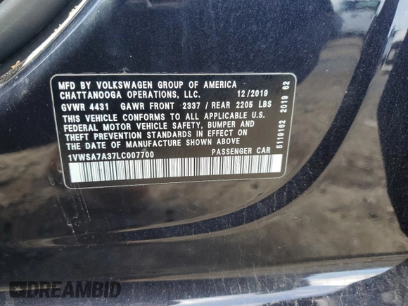 2020 Volkswagen Passat SE with VIN 1VWSA7A37LC007700, listed as a Copart auction lot 49352785 with 117,627 mi miles and Salvage title. Bid and sale history available at DreamBid. Image 12.