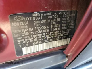 2005 Hyundai Santa Fe GLS with VIN KM8SC13D25U919692, listed as a Copart auction lot 76765954 with 164,644 mi miles and Clean Title. Bid and sale history available at carsss.com. Image 13.
