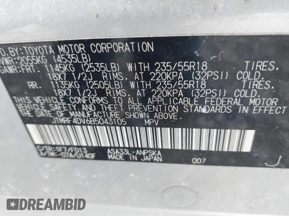2011 Toyota RAV4 Sport with VIN JTMRF4DV6B5043105, listed as a IAAI auction lot 41546015 with 157,760 mi miles. Bid and sale history available at carsss.com. Image 9.