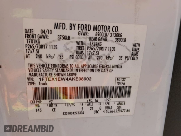 2010 Ford F-150 XL with VIN 1FTEX1EW4AKE08902, listed as a Copart auction lot 64699795 with 288,700 mi miles and Salvage title. Bid and sale history available at DreamBid. Image 12.