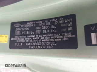 2009 Hyundai Accent Auto SE z VIN KMHCN36C19U134535, wystawiony jako IAAI lot #42351330 z przebiegiem 39 846 mil mil oraz . Historia ofert i sprzedaży dostępna na DreamBid. Obrazek 9.