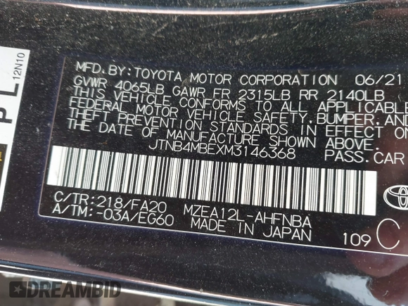 2021 Toyota Corolla Hatchback SE with VIN JTNB4MBEXM3146368, listed as a IAAI auction lot 41832466 with 97,617 mi miles. Bid and sale history available at carsss.com. Image 9.