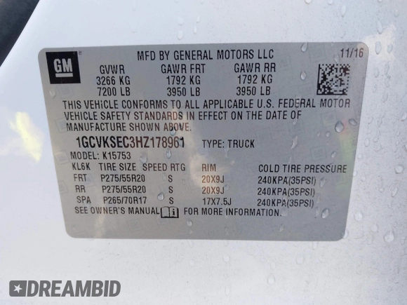 2017 Chevrolet Silverado 1500 LTZ with VIN 1GCVKSEC3HZ178961, listed as a IAAI auction lot 41932244 with 90,915 mi miles and . Bid and sale history available at DreamBid. Image 9.