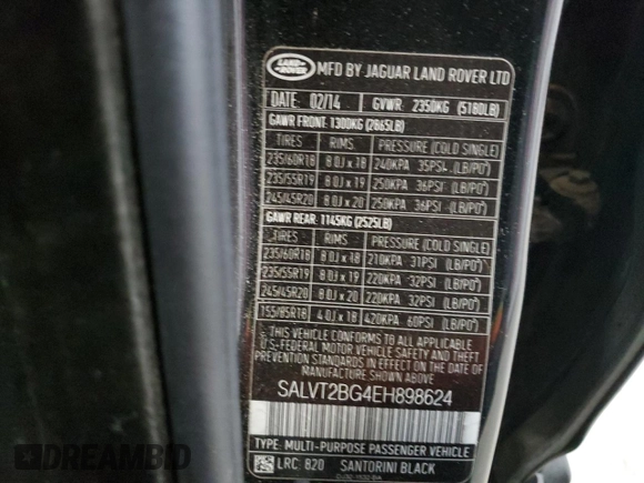 2014 Land Rover Range Rover Evoque Dynamic with VIN SALVT2BG4EH898624, listed as a Copart auction lot 43270625 with 121,262 mi miles and Salvage title. Bid and sale history available at DreamBid. Image 13.