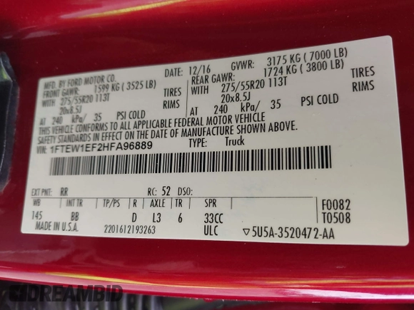 2017 Ford F-150 XL with VIN 1FTEW1EF2HFA96889, listed as a IAAI auction lot 41740720 with 78,543 mi miles. Bid and sale history available at carsss.com. Image 9.