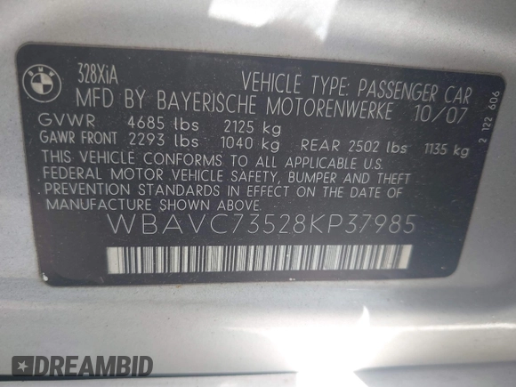 2008 BMW 3 Series 328xi with VIN WBAVC73528KP37985, listed as a IAAI auction lot 42679403 with 138,046 mi miles and . Bid and sale history available at DreamBid. Image 9.