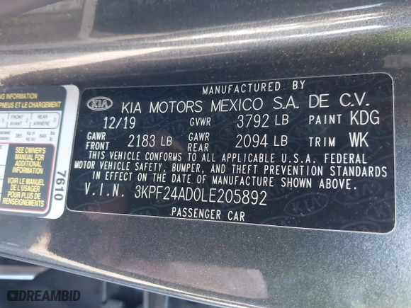2020 Kia Forte LXS with VIN 3KPF24AD0LE205892, listed as a IAAI auction lot 41768619 with 106,913 mi miles. Bid and sale history available at carsss.com. Image 9.