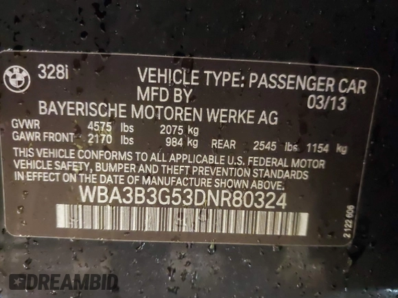2013 BMW 3 Series 328i xDrive with VIN WBA3B3G53DNR80324, listed as a IAAI auction lot 41490385 with 177,026 mi miles and . Bid and sale history available at carsss.com. Image 9.