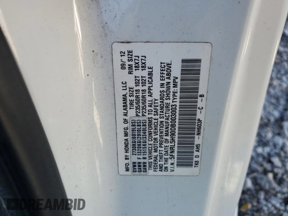 2013 Honda Odyssey Touring with VIN 5FNRL5H90DB003003, listed as a Copart auction lot 58519345 with 259,383 mi miles and Salvage title. Bid and sale history available at DreamBid. Image 13.
