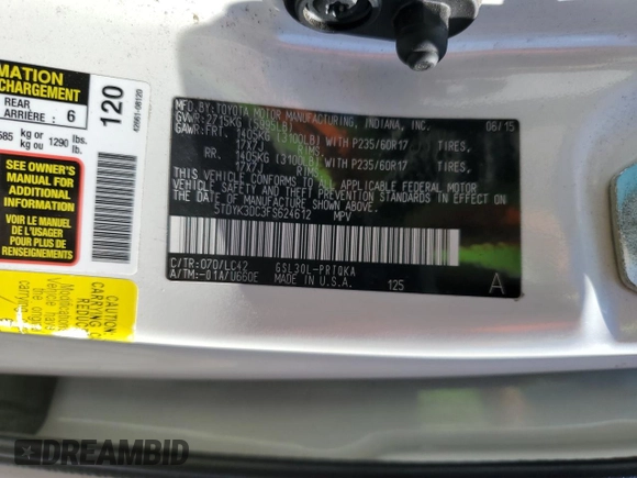 2015 Toyota Sienna XLE with VIN 5TDYK3DC3FS624612, listed as a Copart auction lot 57309295 with 188,467 mi miles and Salvage title. Bid and sale history available at DreamBid. Image 13.