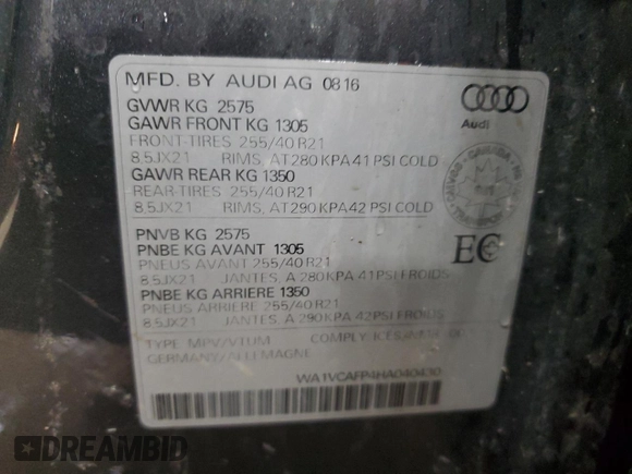 2017 Audi SQ5 Prestige with VIN WA1VCAFP4HA040430, listed as a Copart auction lot 55675354 with 153,393 mi miles and Clean title. Bid and sale history available at DreamBid. Image 13.