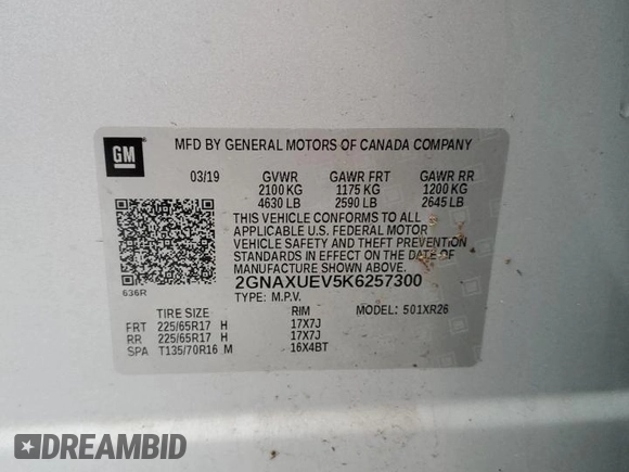 2019 Chevrolet Equinox LT z VIN 2GNAXUEV5K6257300, wystawiony jako Copart lot #51456375 z przebiegiem 77 907 mil mil oraz Szkoda całkowita • Salvage title. Historia ofert i sprzedaży dostępna na DreamBid. Obrazek 13.