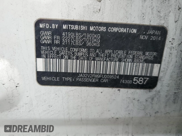 2015 Mitsubishi Lancer SE with VIN JA32V2FW9FU009524, listed as a Copart auction lot 50684455 with 153,106 mi miles and Salvage Title. Bid and sale history available at carsss.com. Image 13.