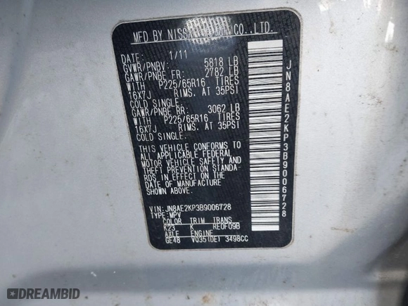 2011 Nissan Quest SL with VIN JN8AE2KP3B9006728, listed as a IAAI auction lot 41631623 with 190,067 mi miles. Bid and sale history available at carsss.com. Image 9.