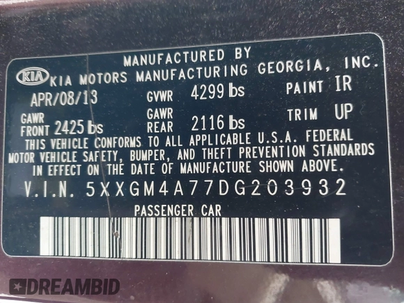 2013 Kia Optima LX with VIN 5XXGM4A77DG203932, listed as a IAAI auction lot 41640139 with 160,295 mi miles. Bid and sale history available at carsss.com. Image 9.
