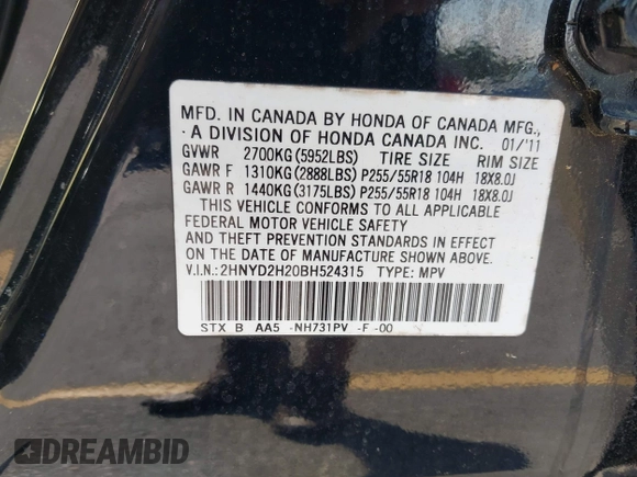 2011 Acura MDX with VIN 2HNYD2H20BH524315, listed as a IAAI auction lot 42725905 with 216,082 mi miles and . Bid and sale history available at DreamBid. Image 9.
