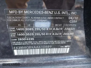 2010 Mercedes-Benz M-Class ML 350 with VIN 4JGBB8GBXAA610889, listed as a IAAI auction lot 41321391 with 97,610 mi miles. Bid and sale history available at carsss.com. Image 9.