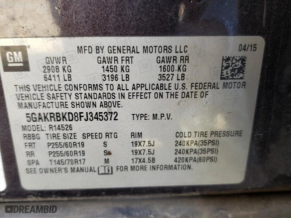 2015 Buick Enclave Leather with VIN 5GAKRBKD8FJ345372, listed as a Copart auction lot 87853075 with 217,779 mi miles and Salvage Title. Bid and sale history available at carsss.com. Image 13.